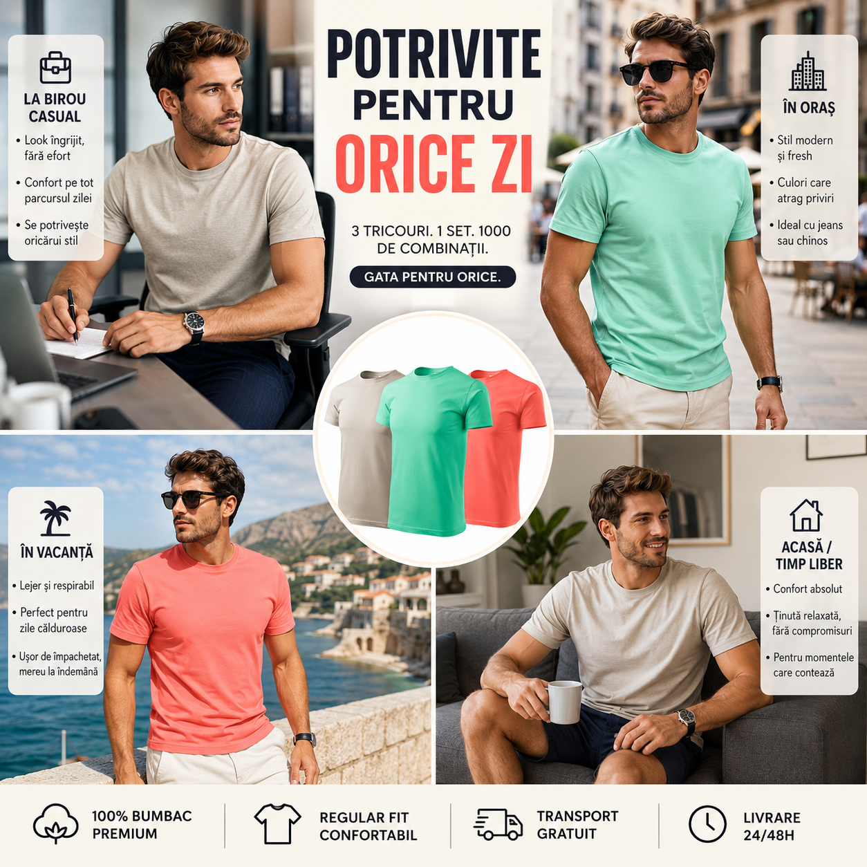 Tricouri bărbați gri ice verde mentă și coral din bumbac 100% pentru ținute casual